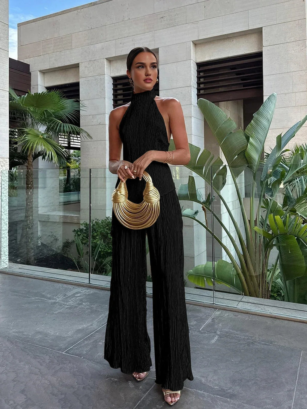 Champagne Pleated Halter Set — Veylora
