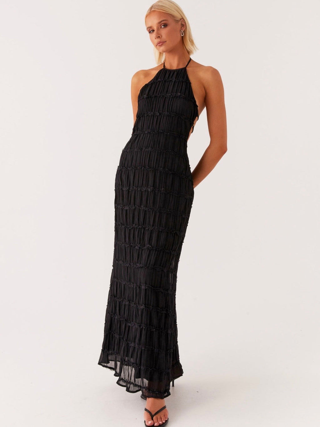 Midnight Textured Halter Maxi Dress — Veylora