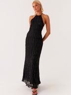 Midnight Textured Halter Maxi Dress — Veylora