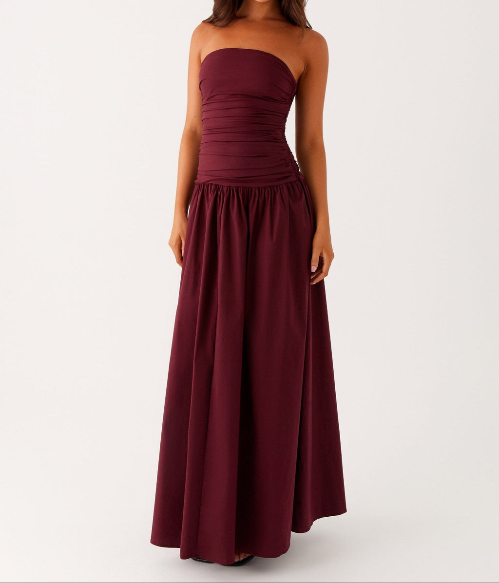 Burgundy Sculpt Strapless Maxi Dress — Veylora