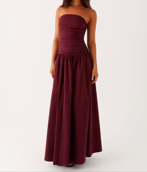 Burgundy Sculpt Strapless Maxi Dress — Veylora