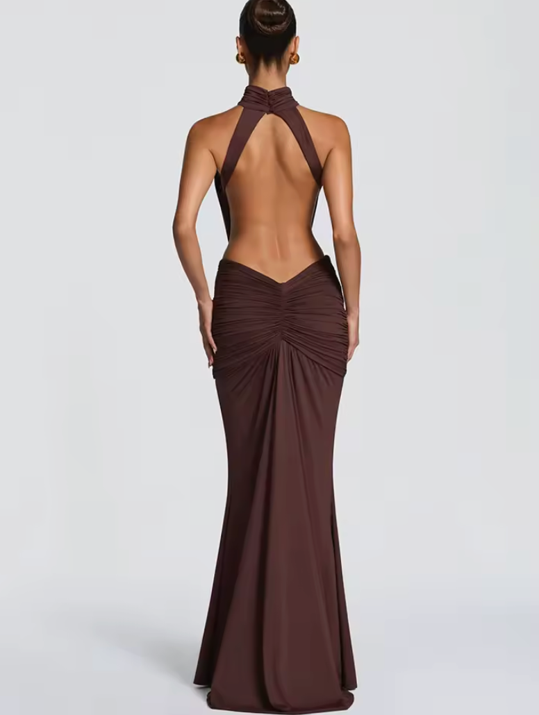 Chocolate Cut-Out Halter Maxi Dress — Veylora