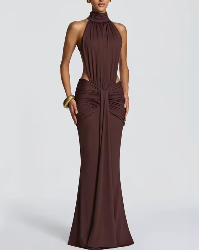Chocolate Cut-Out Halter Maxi Dress — Veylora