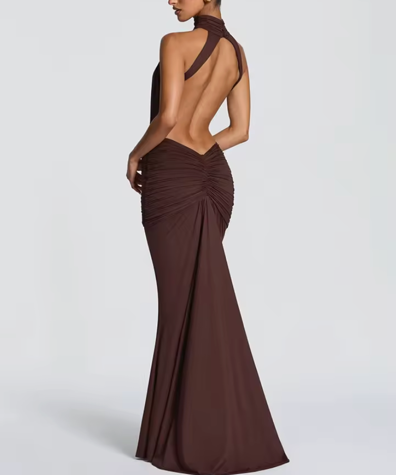 Chocolate Cut-Out Halter Maxi Dress — Veylora