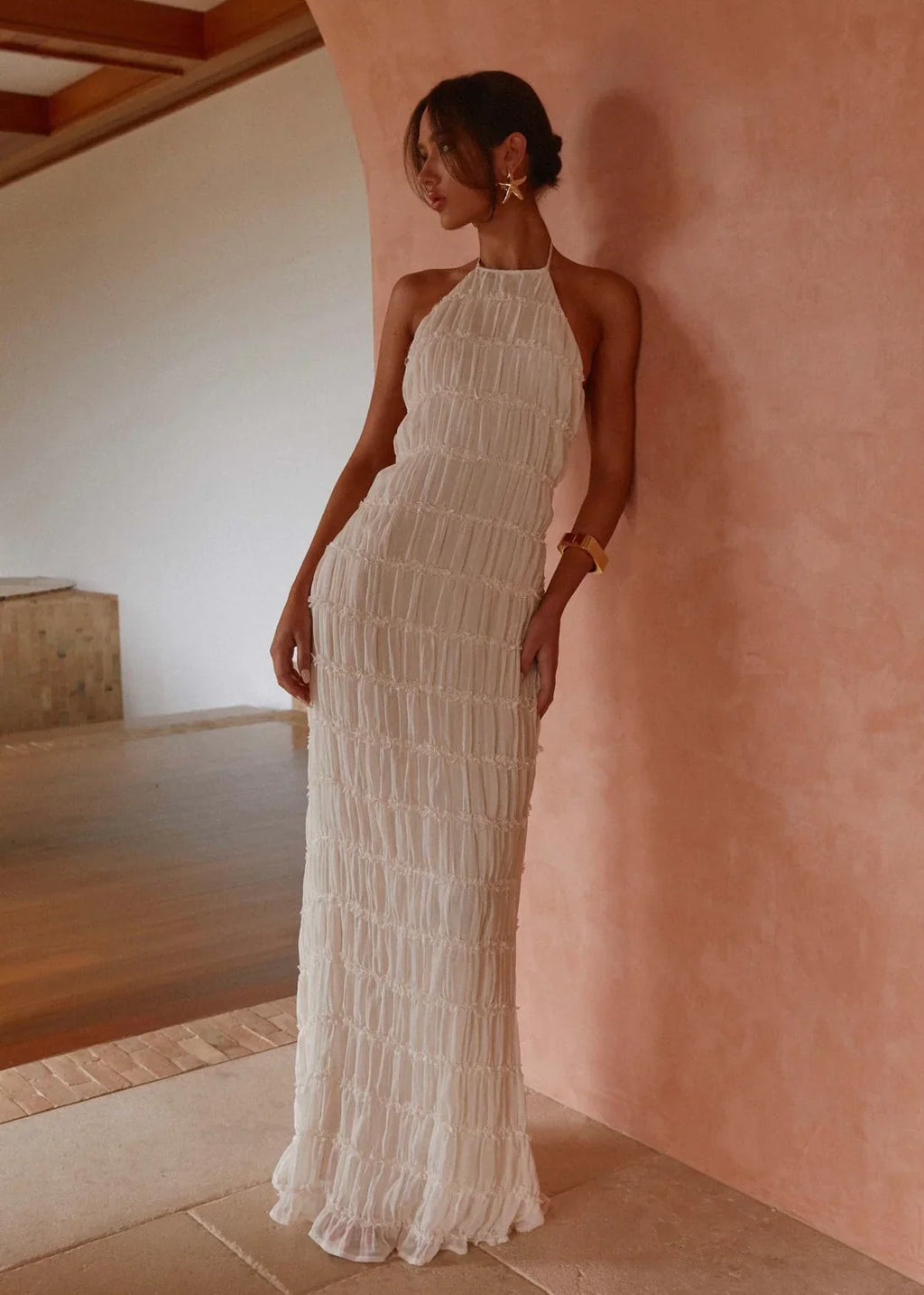 Ivory Textured Halter Maxi Dress — Veylora