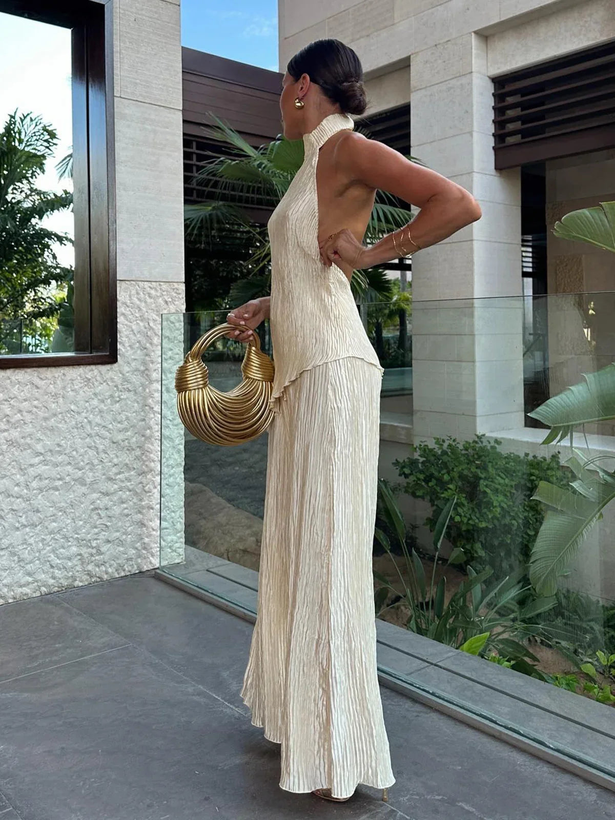 Champagne Pleated Halter Set — Veylora
