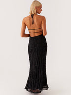 Midnight Textured Halter Maxi Dress — Veylora