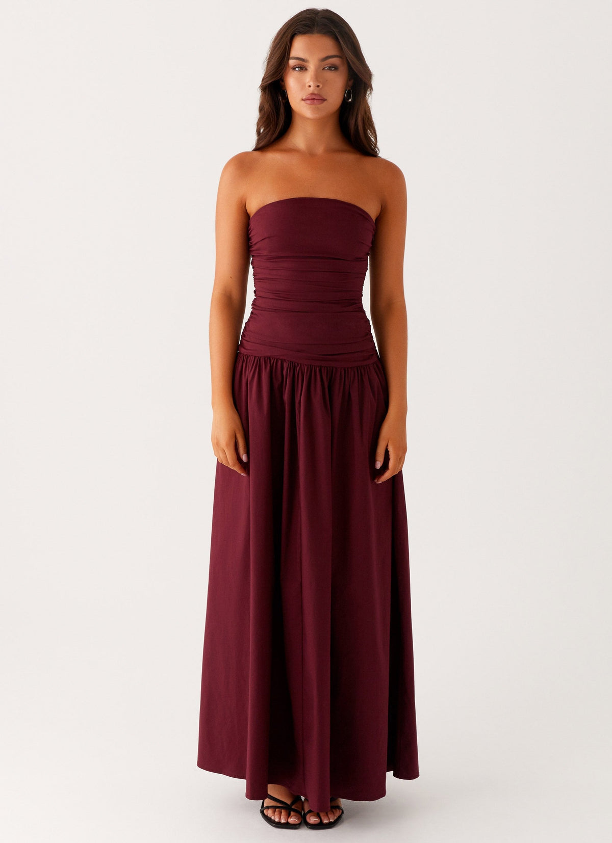 Burgundy Sculpt Strapless Maxi Dress — Veylora