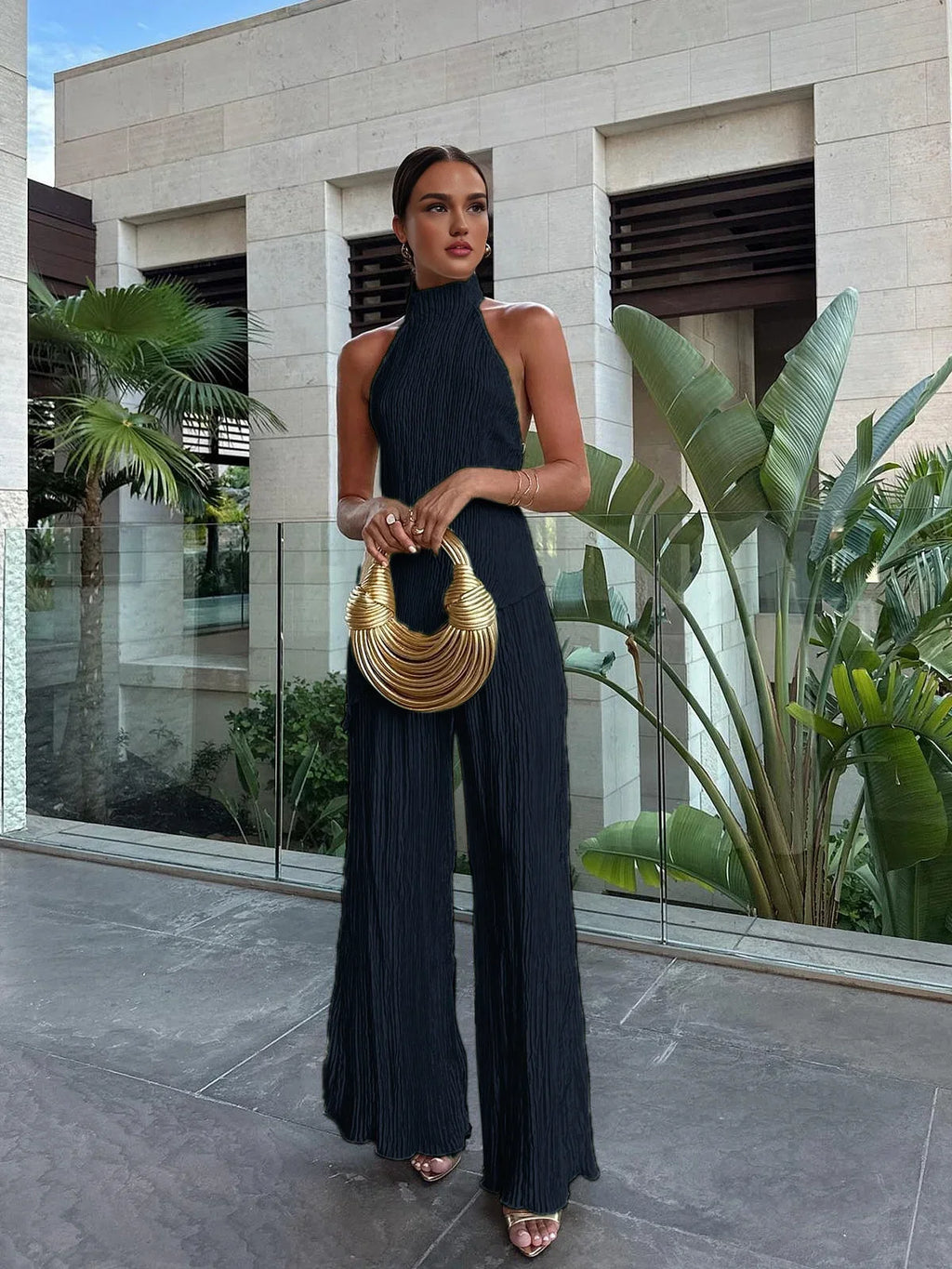 Champagne Pleated Halter Set — Veylora
